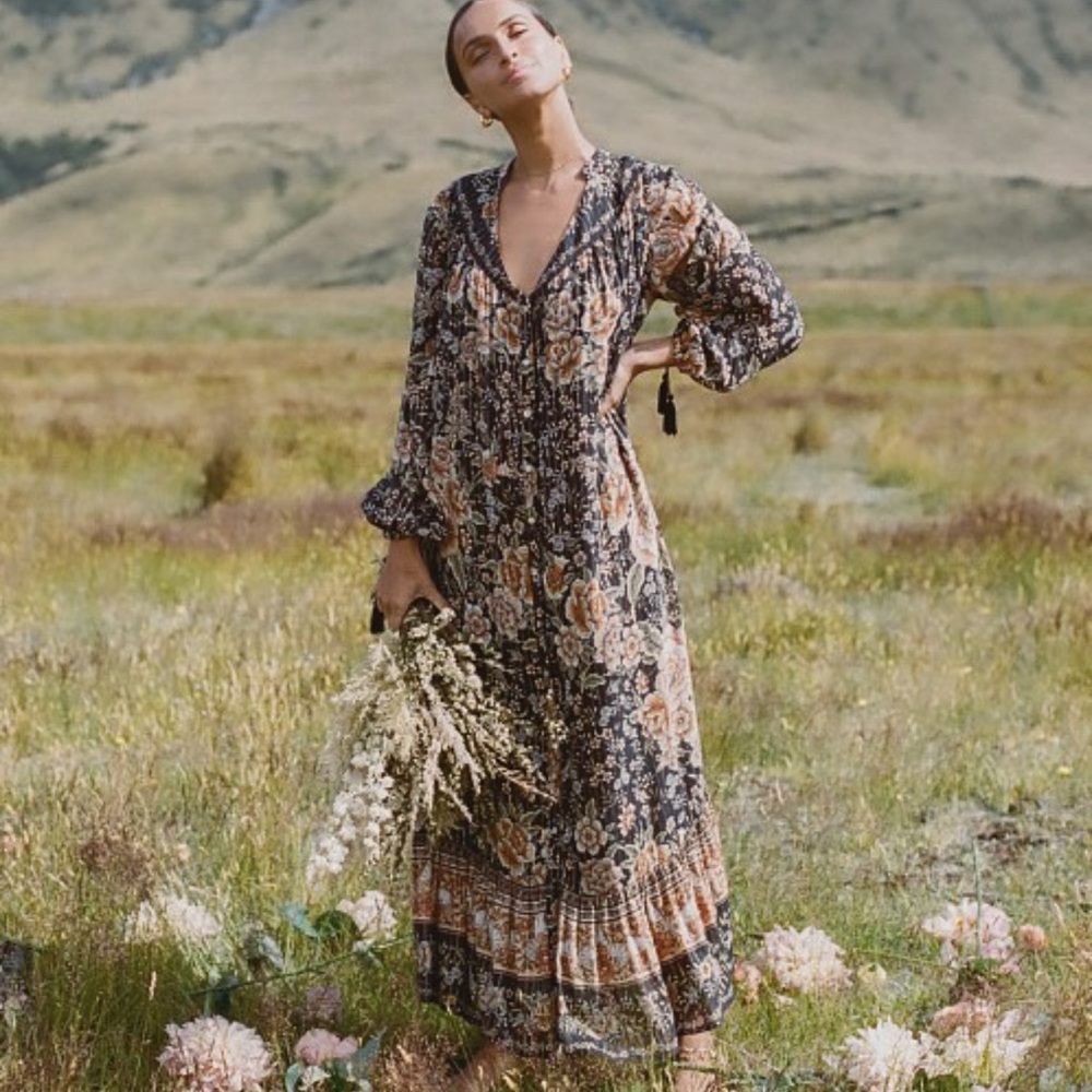 Spell Floral Maxi Dress in Black and Tan